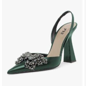 FYS Dark Green Slip on Pointed Toe Crystal Butterfly Slingback Sandals